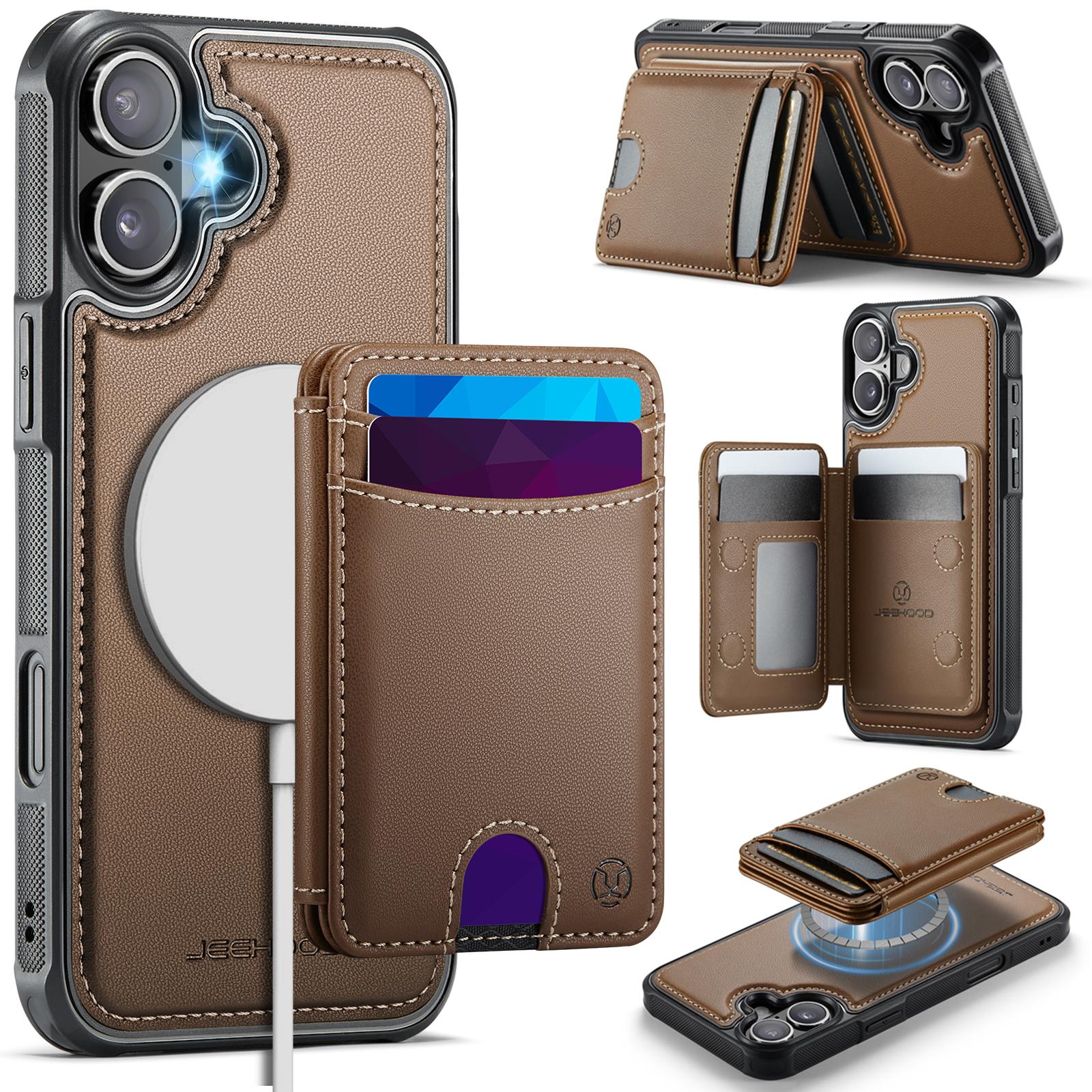 

For iPhone 16 Case JEEHOOD J10 Compatible with MagSafe Leather Back Phone Cover with Detachable Card Holder Kickstand