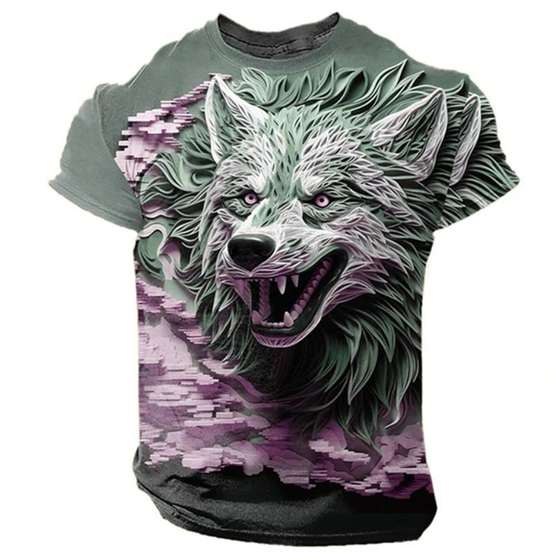 Lustiges T-Shirt mit 3D-Wolfsmuster für Männer, Hip-Hop-Trend, Harajuku, Streetwear, Mode, Animal-Print, lässiges T-Shirt mit O-Ausschnitt und kurzen Ärmeln