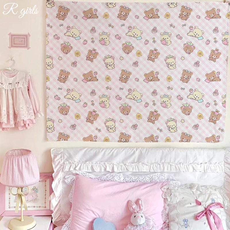 Cute Cartoon Bear Tapestry Pink Striped Wall Hanging for Kawaii Bedroom Decor Background Cloth