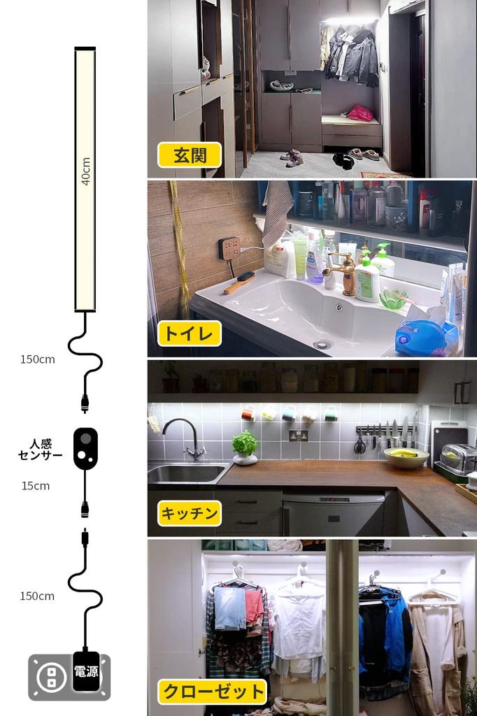 Indoor LED Sensor Light, Outlet, Motion Sensor [Separate, Timed Off], Bright LED Bar Light, Stepless Dimming, 40cm Slim, Magnet, No Installation