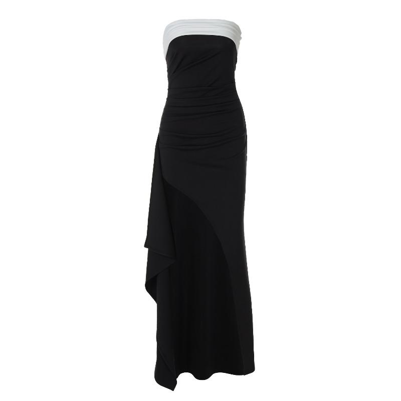 New Solid Color Imperial Sister One-word Collar Contrasting Color Chest Wrap Waist Split Dress Women's Clothing
