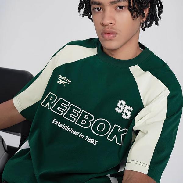 Reebok Loose Knit Letter Print Color Block Short Sleeve Raglan T-Shirt Unisex Tops Dark-Green 24SRM415UGL1
