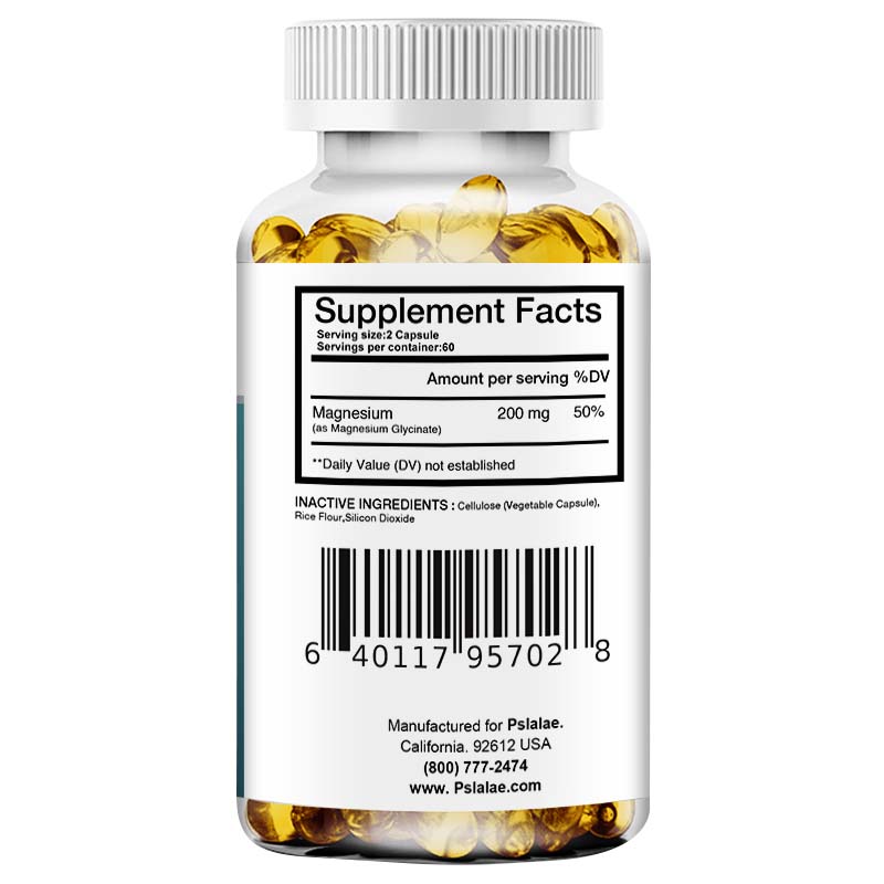 Pslalae Magnesium Glycine Capsules, 200 mg per serving, essential minerals, nutritional supplement.