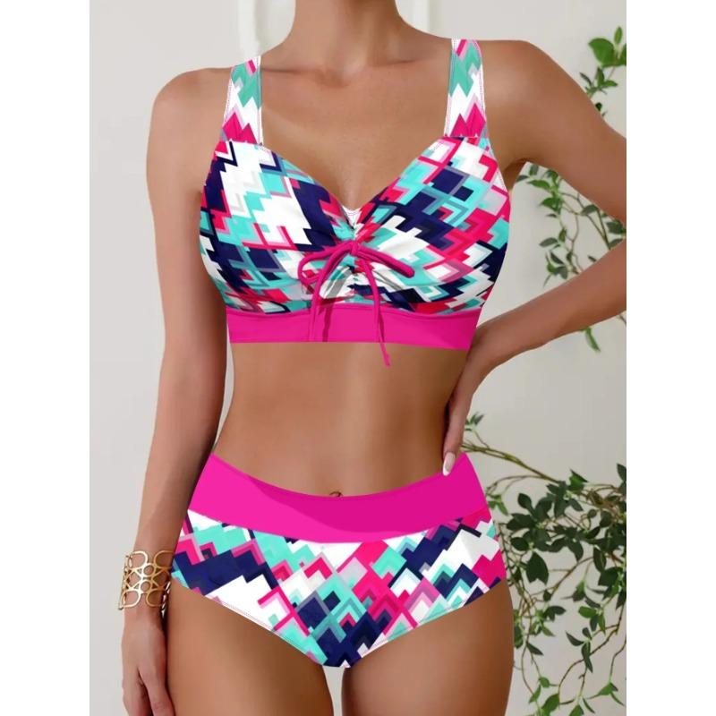 New Summer Women's Holiday Resort Style Swimwear Fashion Design Sunset Slanting Sun Printed Swimsuit Two Piece SetS-5XL
