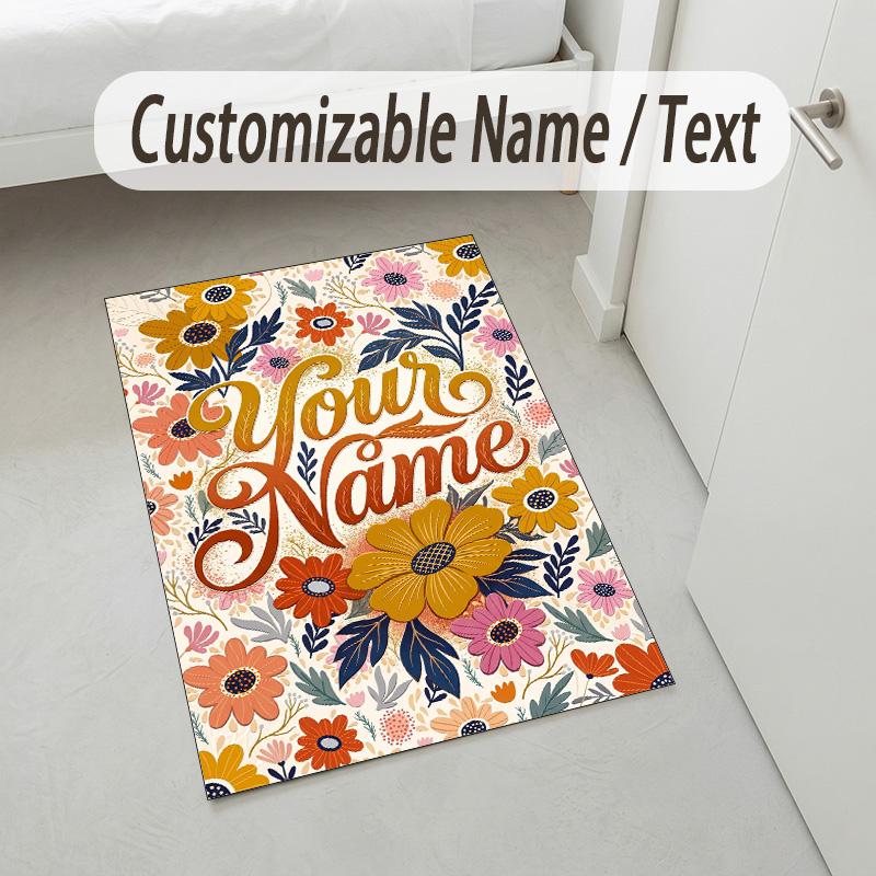 Floral Artwork Theme Soft Crystal Velvet Rug Custom Name & Text Print Non Slip Floor Rug for Bedroom Living Room