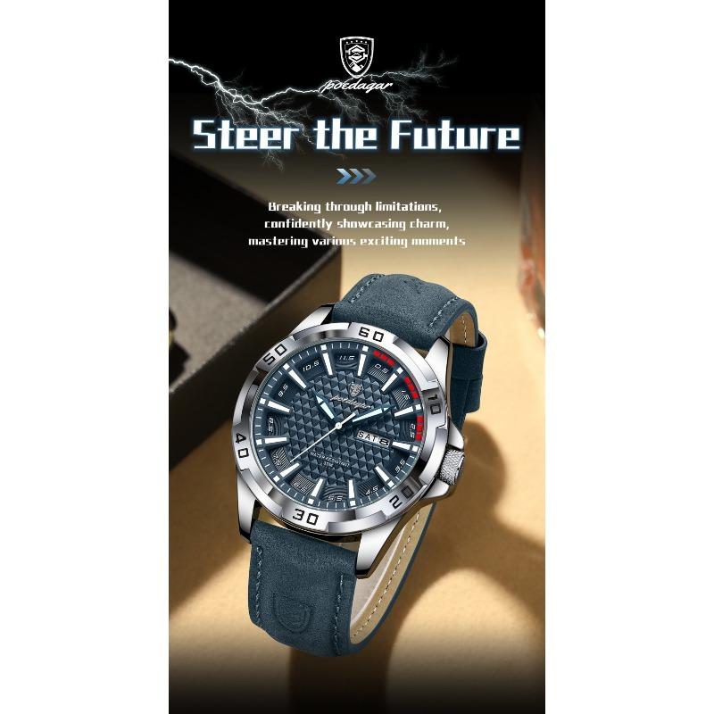 POEDAGAR Original Man Wristwatch Top Luxury Waterproof Luminous Date Week Watch for Men Quartz Sport Leather Watches Reloj