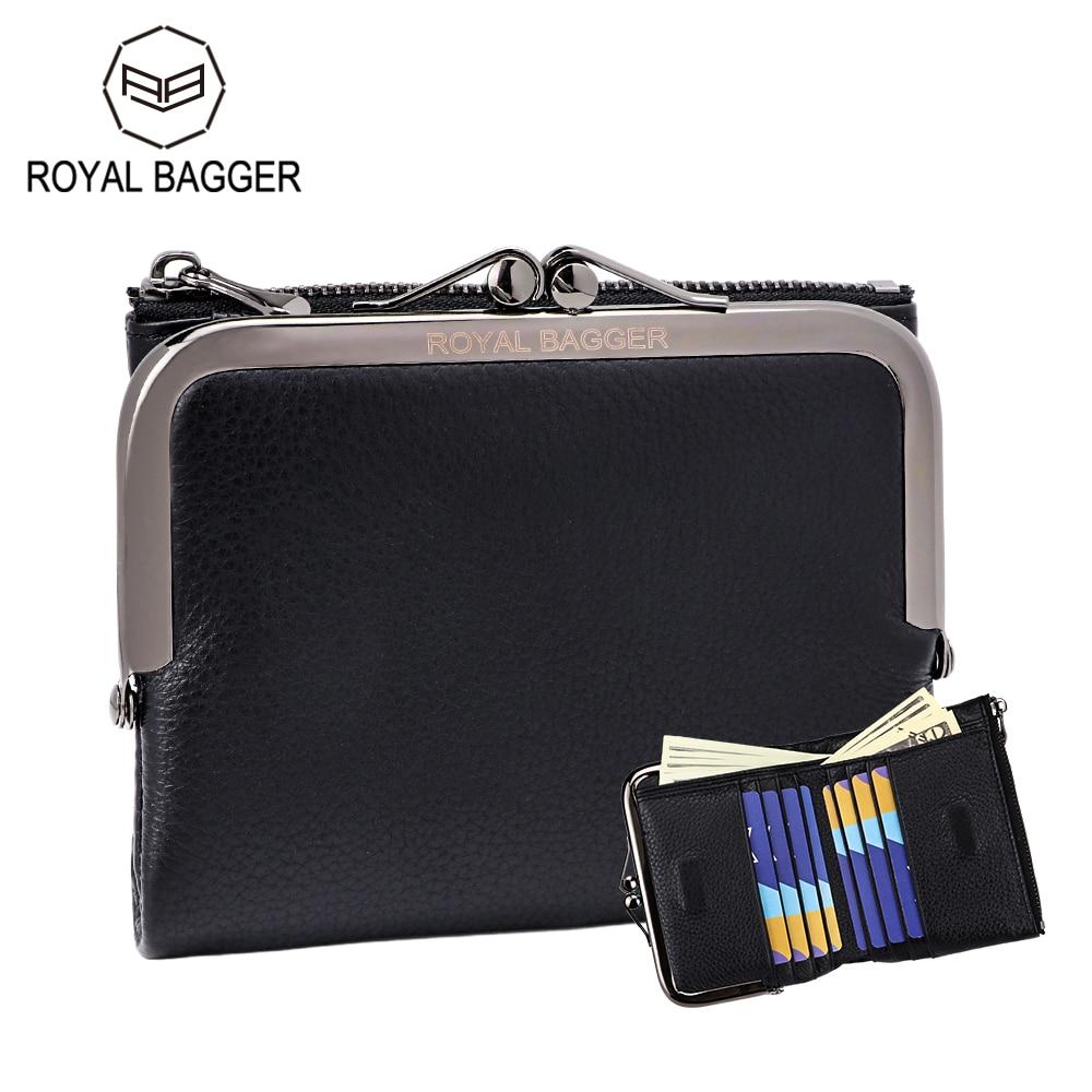 

Короткие кошельки Royal Bagger Kiss Lock для женщин из натуральной коровьей кожи, большой вместительный держатель для карт, модный повседневный кошелек для монет 1482 чёрный
