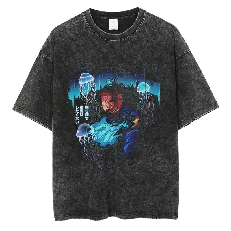 Jujutsu Kaisen Vintage Washed Men's T-shirt Oversized Tee Shirt Anime Manga Short Sleeved Harajuku Men Clothes Cotton High Quality Short Sleeves