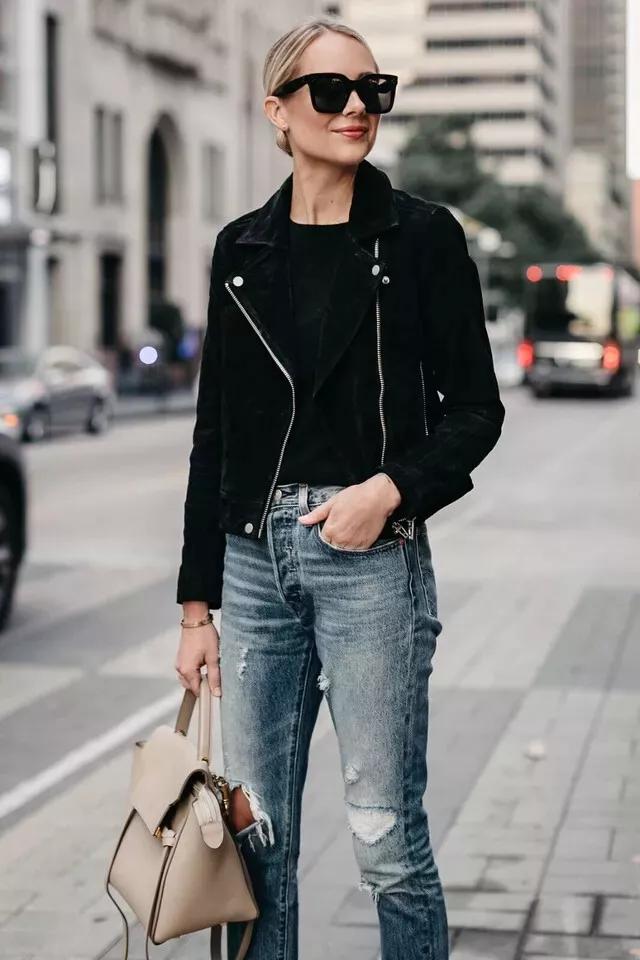 Dámská bunda z měkké čisté semišové kůže Biker Ležérní Elegantní Ručně šitá Černá Pravá