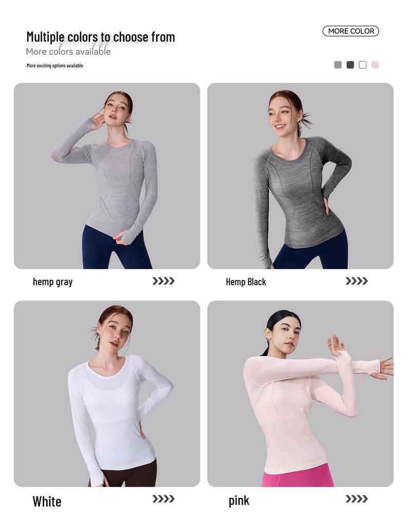 Women's Seamless Waist-Cinched Round Neck Long Sleeve Yoga Top: Breathable, High Elasticity, Shaping, Fitness Base Layer.