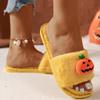 Fashion Cartoon Pumpkin Fluffy Fur Indoor Slippers Women 2025 Winter Warm Plush Home Slippers Comfort Flat Heel Non Slip House Slides