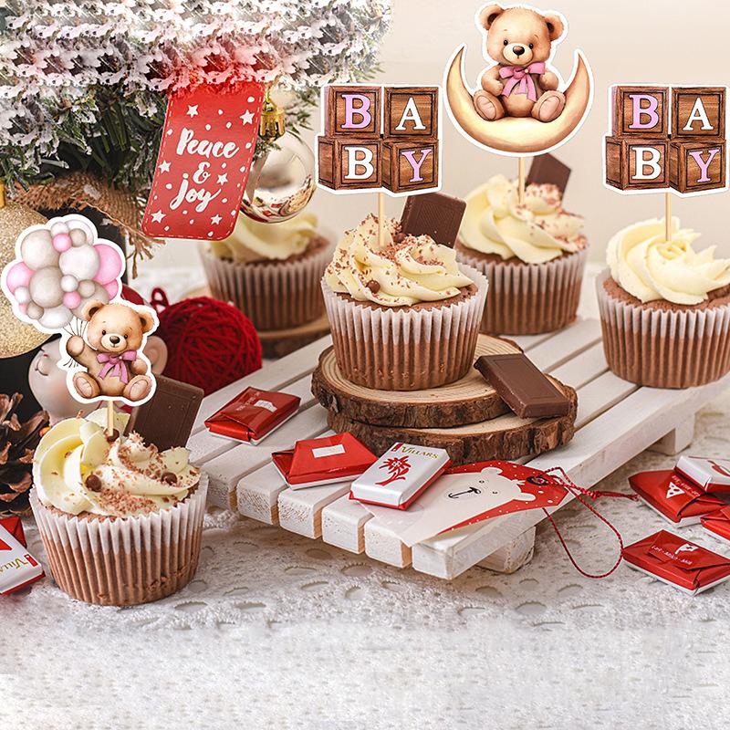 12pcs Cute Blue Pink Bear Cake Toppers Happy Birthday Cupcake Toppers Kids 1st Birthday Cake Decor Fruit Toothpick Baby Shower