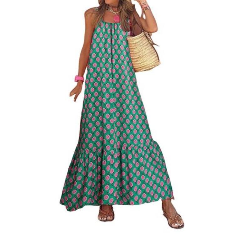 Backless Swing Summer Beach Dress Women Boho Maxi Spaghetti Strap Flowy Sleeveless Sundress Long