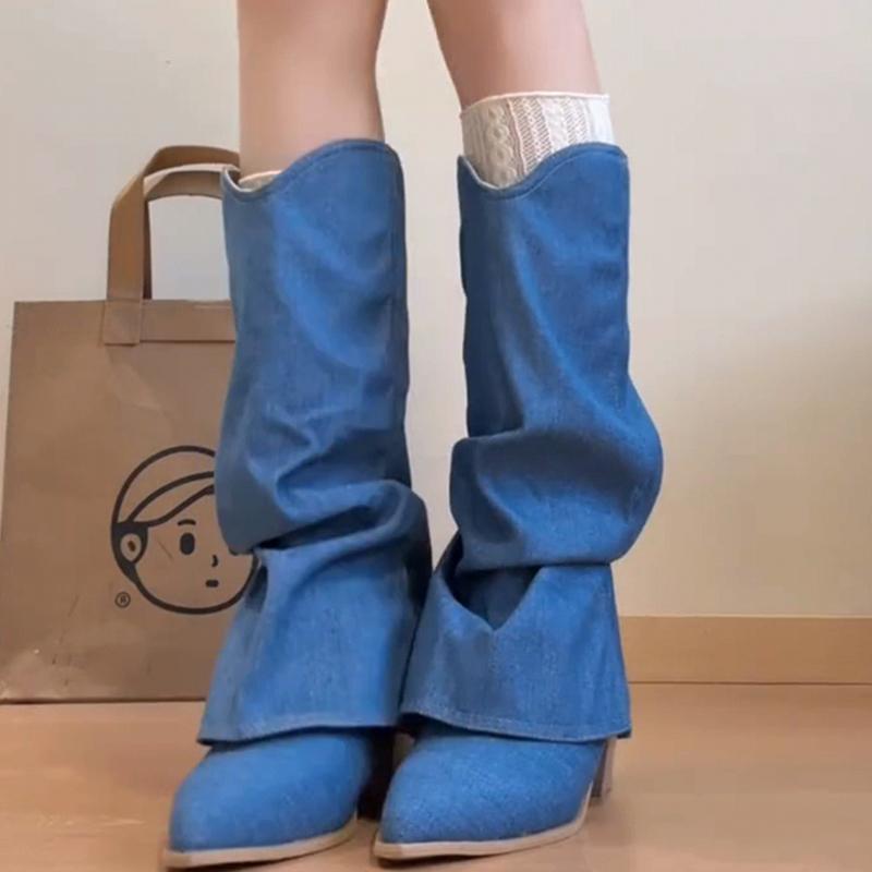 Fashion Vintage Denim Women Western Cowboy Boots Fashion Thick Heel Knight Long Booties Autumn Winter Zapatos De Mujer