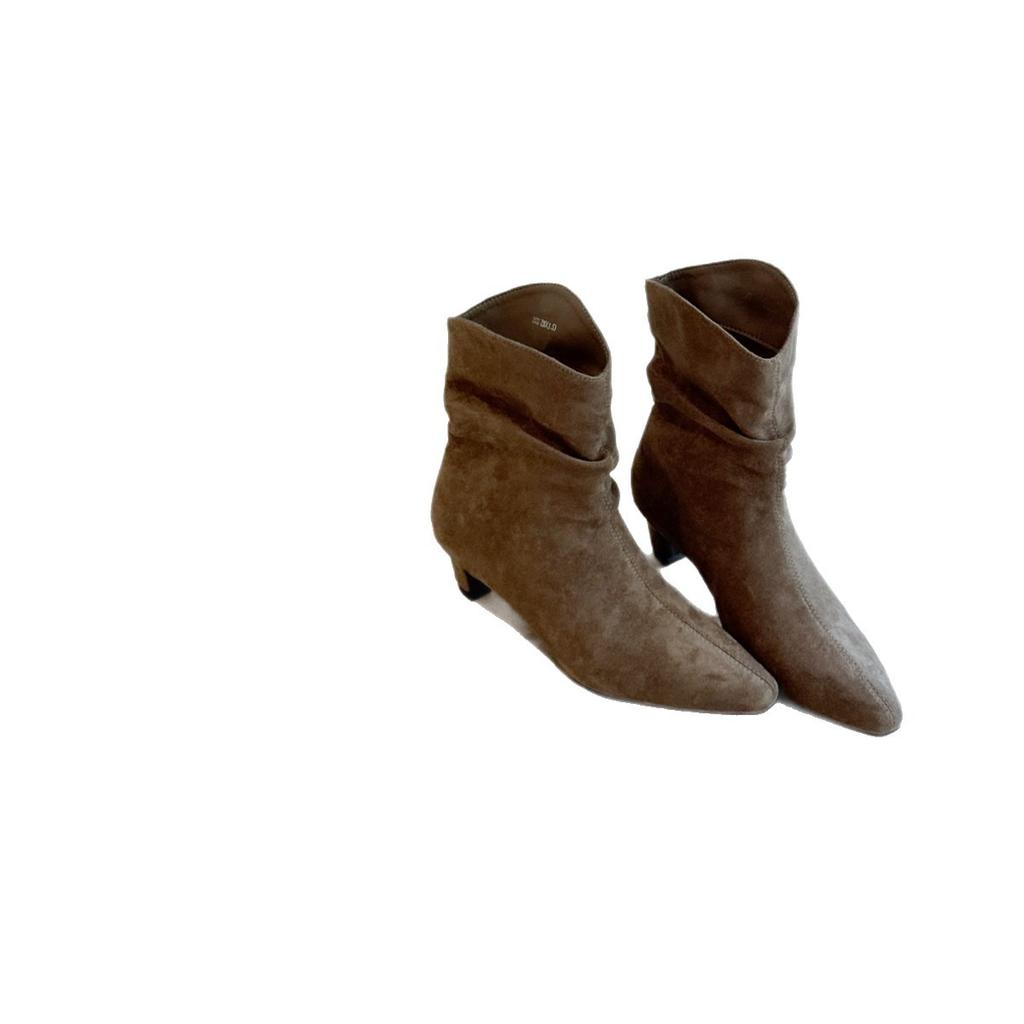 2025 autumn new stacking boots women's matte leather pointed low heel short boots women's sleeve western cowboy short boots