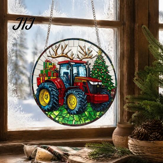 Transparent Acrylic Decor Christmas Wreath Ornament, 2D Flat Stained Glass Style Hanging Festival Ornament Decoration, Double-sided Decorative Pendant