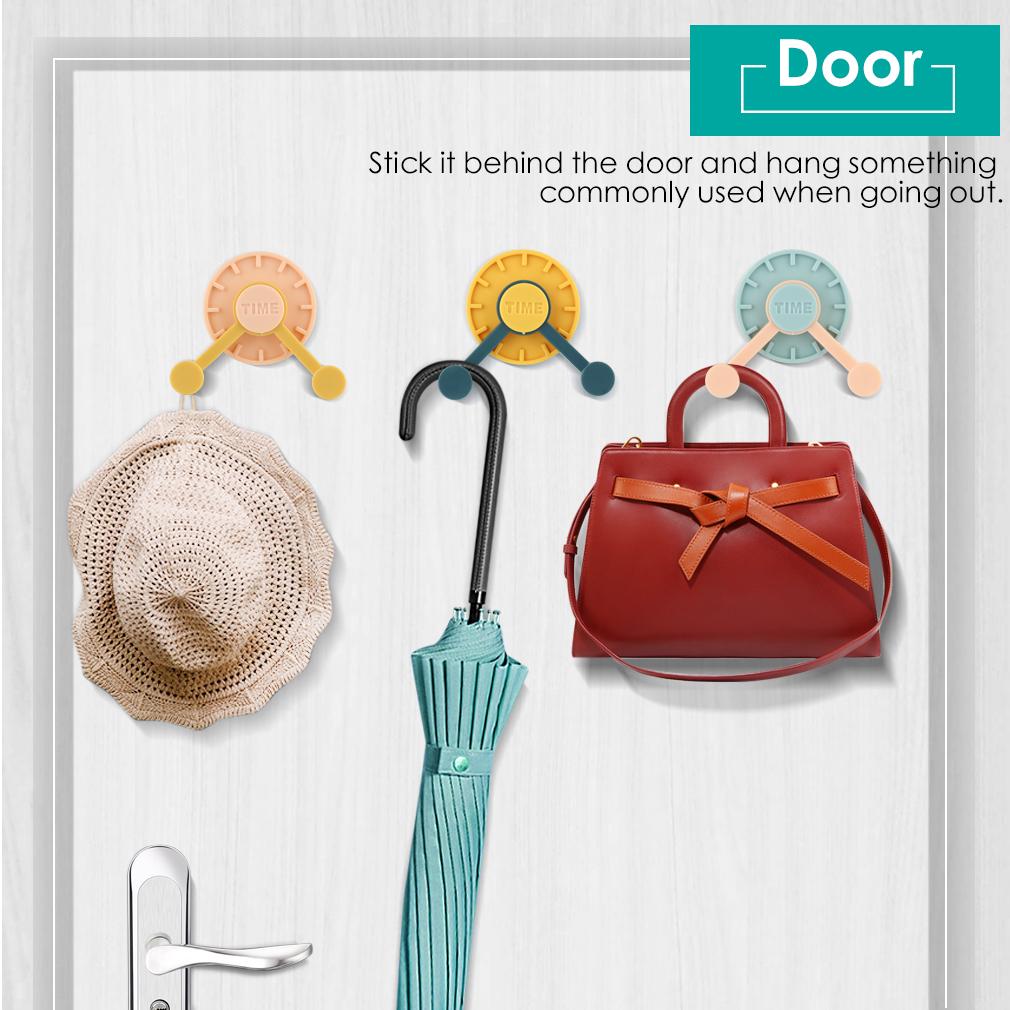 1Pc Time Clock Design Wall Hooks Self-adhesive Coat Hat Rack Hook 360° Rotation Clock Hook Bathroom Kitchen Accessories