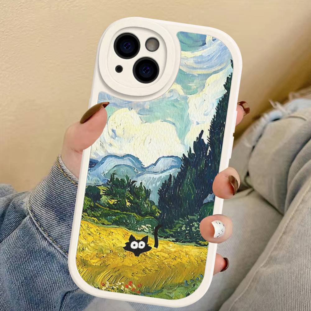 Black Cat Van Gogh Phone Case For IPhone 16 15 14 11 12 13 Pro Max Plus Back Leather Shell