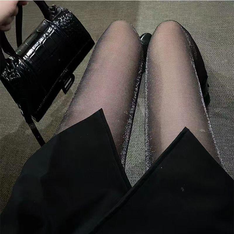 Erstklassige Damen-Perlglanz-Transparent-Strumpfhose mit Bare-Leg-Effekt und offenem Schritt, Mondlichtschwarze Seide