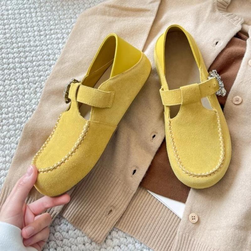 

Модная женская обувь на плоской подошве Весна Новинка Круглый носок Глубокий вырез Замша Кристалл Металлическая пряжка Мягкая подошва Противоскользящая Износостойкая Одинарная обувь 40 жёлтый