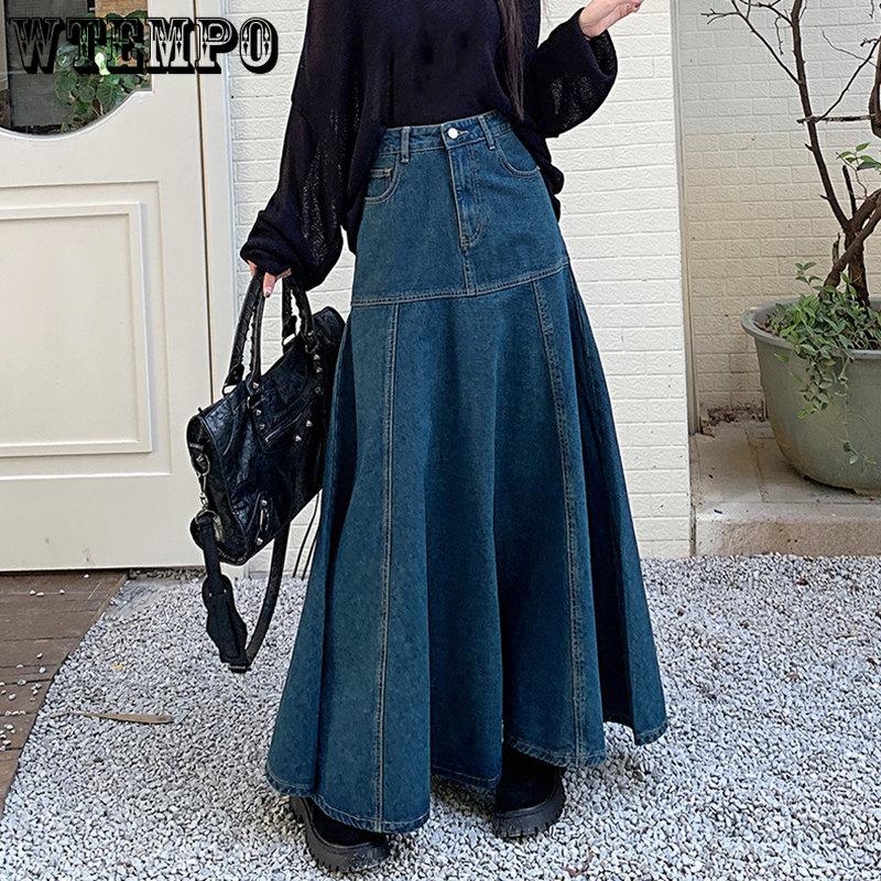 WTEMPO Μακριά vintage μπλε τζιν γυναικεία φούστα άνοιξη φθινόπωρο Κομψή ψηλόμεση φούστα ψαροουράς παντός αγώνα Streetwear