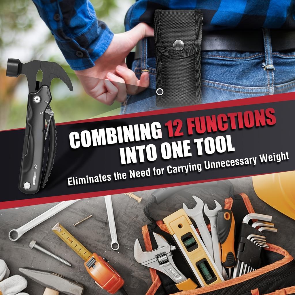 12-in-1 Multi-function Hammer, Multi-function Tool, Outdoor Multi-tool with Safety Lock and Durable Nylon Sheath