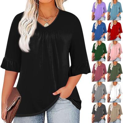 Women's Fashion Casual Solid Color Printed V-Neck Pleated Seven Minute Sleeve Ruffle Sleeve T-Shirt Plus Size Tops
