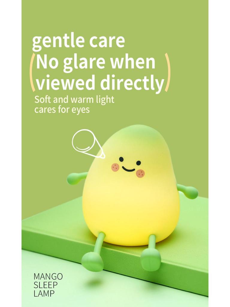 Mała zielona lampka LED z silikonu w kształcie mango: Ładowanie USB, Timer, Ściemnianie dotykowe, Miękkie światło do karmienia dziecka i ochrony oczu.