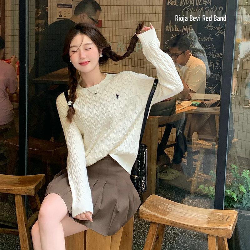 

Autumn Cable Knit Embroidered Pony Pullover Sweater for Women One Size