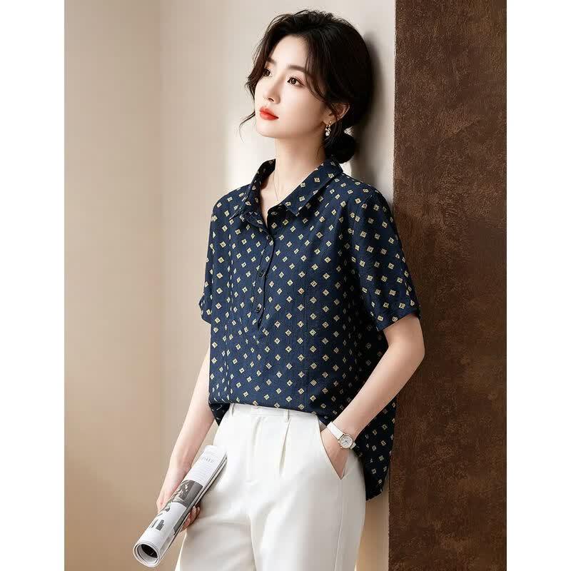 Women's Polka Dot Lapel Short Sleeve Blouse