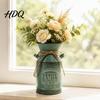 Country Style Interior Ornament Vintage Metal Milk Can Vase Farmhouse Iron Flower Bucket with Handles & Jute Modern Home Living Room Accent