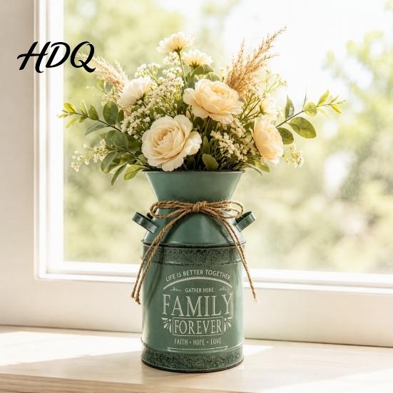 Country Style Interior Ornament Vintage Metal Milk Can Vase Farmhouse Iron Flower Bucket with Handles & Jute Modern Home Living Room Accent