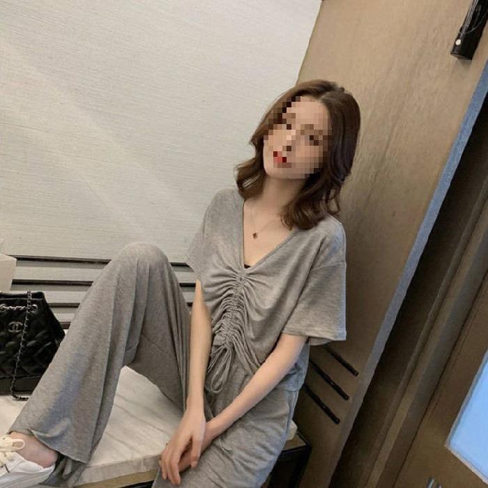 Sports Suit Women's Summer V-neck Short-sleeved Wide-leg Pants Two-piece Set Korean Style Loose Women's Casual Wear Fashion