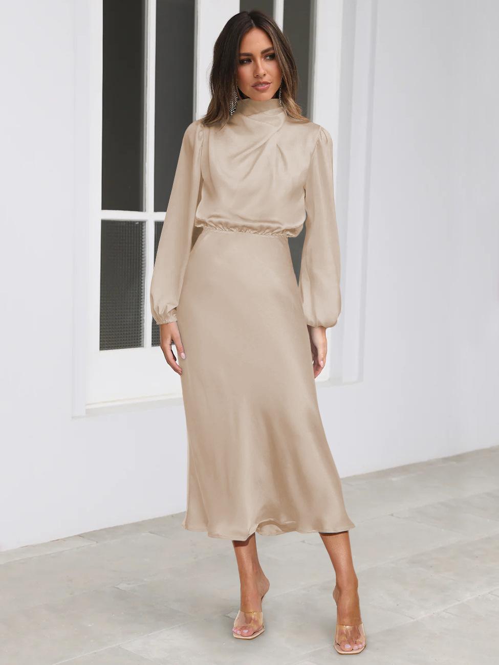 

Elegant Long Sleeve Shirt Dress for Women High Neck Blouson Waist Midi Length Satin Fabric Comfortable Fit XL