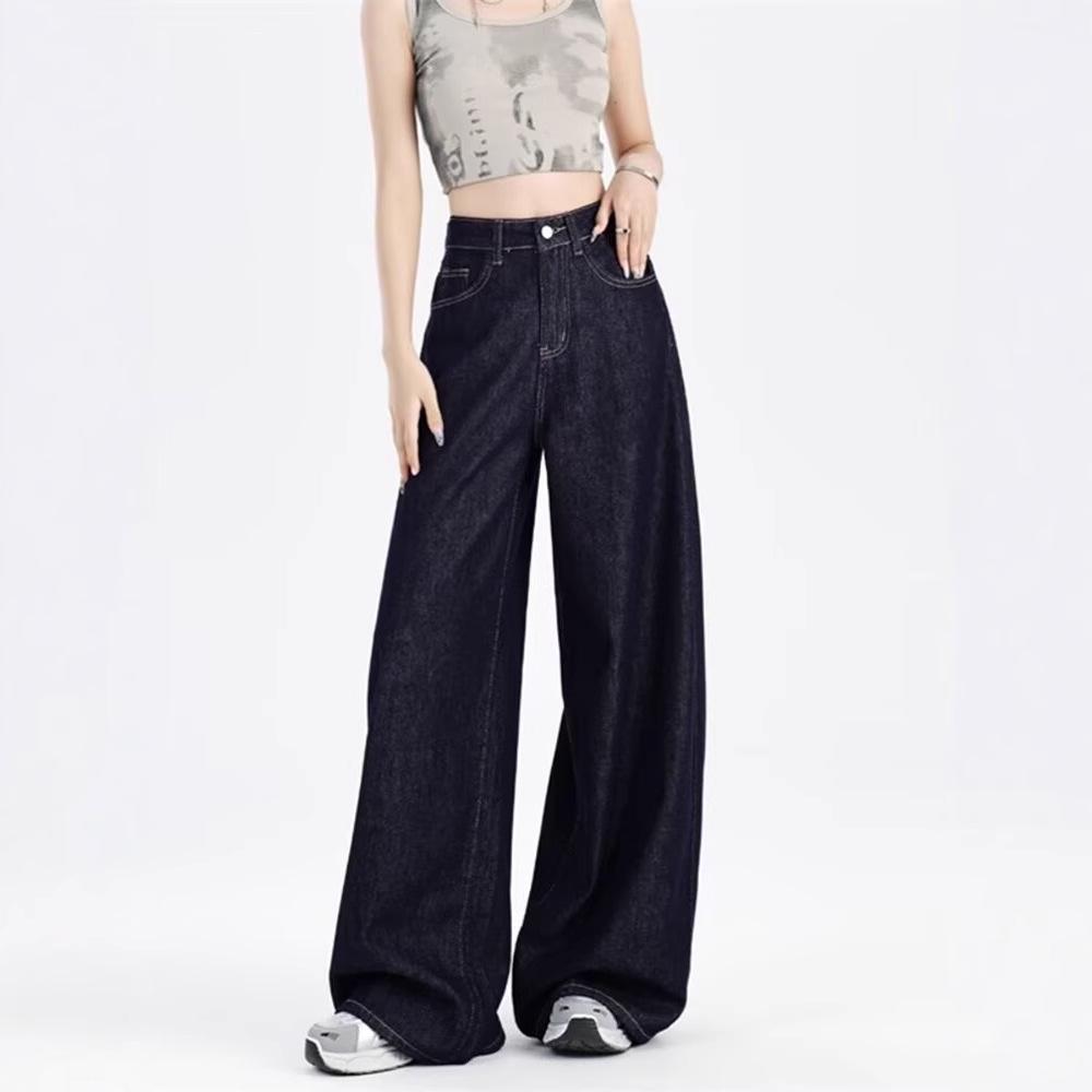 Women's American-Style Dark Blue Summer Jeans - Light, Straight-Leg, Loose Wide-Leg Pants