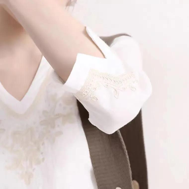 WTEMPO Spring Summer V-neck Embroidered Mixed Cotton Linen Shirts for Women White Seven Quarter Sleeve Loose Fitting Casual Tops