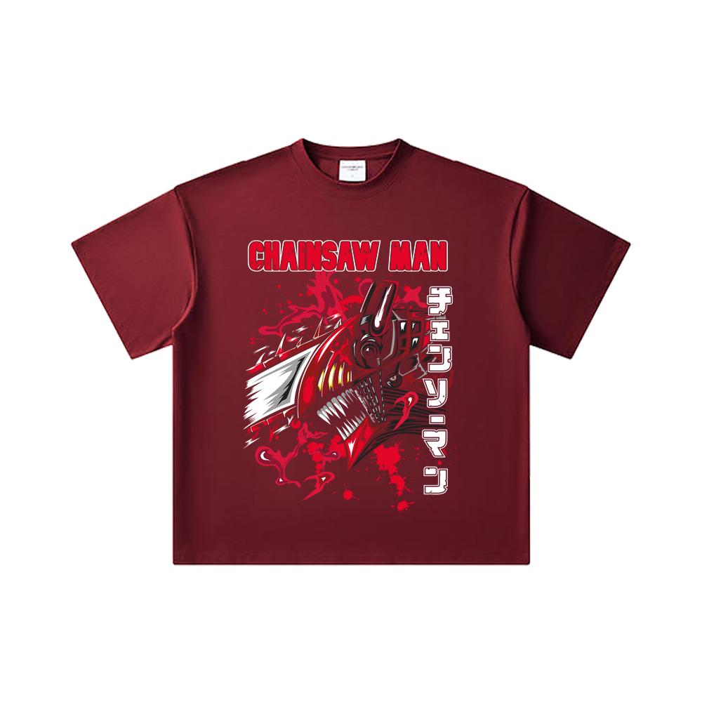 

260 GSM Double Yarn 32 Count 100% Cotton Chainsaw Man V47 Denji Print Unisex Heavy Cotton T Shirt 2XL вина червоного кольору