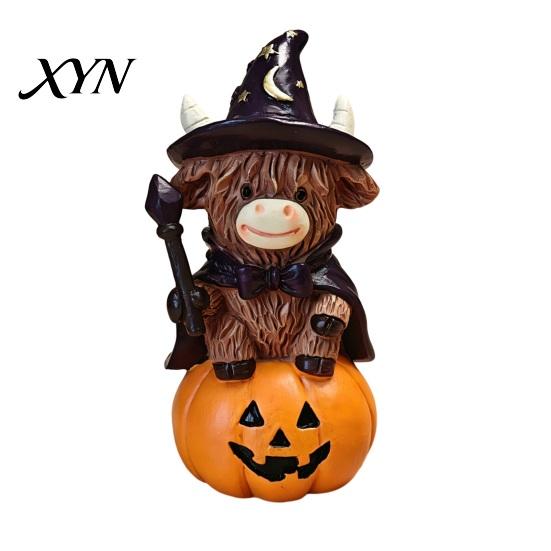 Festive Halloween Prop Highland Cow Figurine, Witch Pumpkin Skull Statue, Resin Scottish Small Desk Ornament for Calf Lovers, Shelf, Tiered