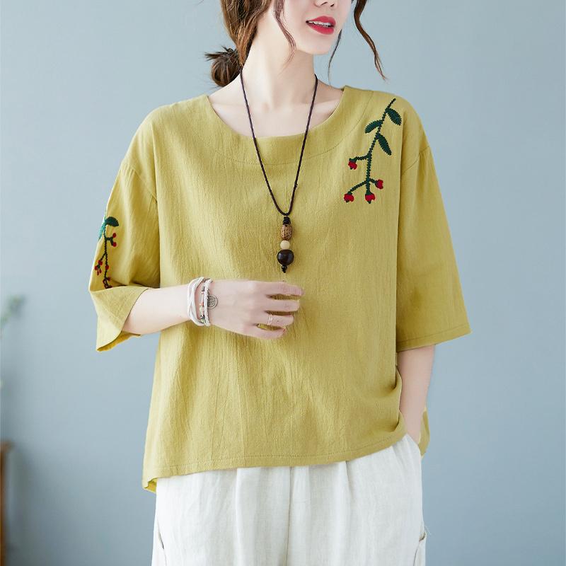 

Летняя мода ретро вышивка хлопок лен рукав пять четвертей футболка свободный утягивающий повседневный универсальный топ для женщин футболки женские 4XL жёлтый