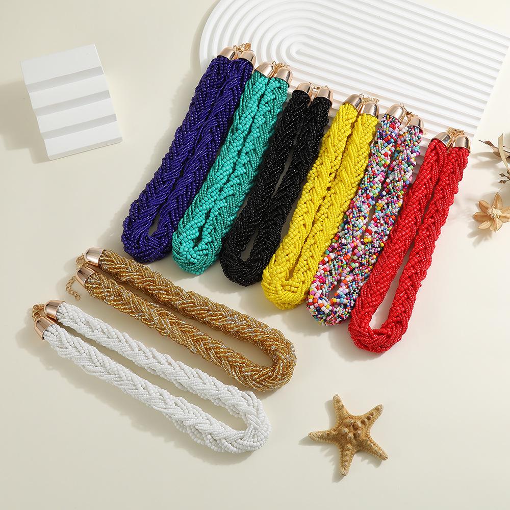 Bohemian Style European Colorful Multi-layer Rice Beads Handmade Woven Necklace Earrings Set