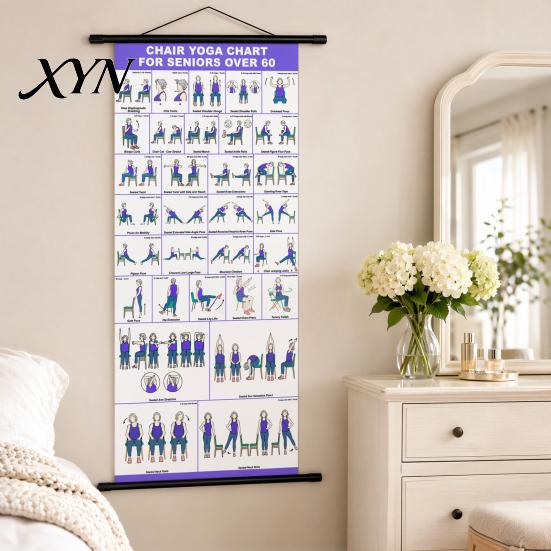 Wellness Wall Art Chair Yoga Chart, Canvas Poster with Hanging Rod And Rope, Gentle Movement Guide Chart for Seniors Beginners Home Stretching