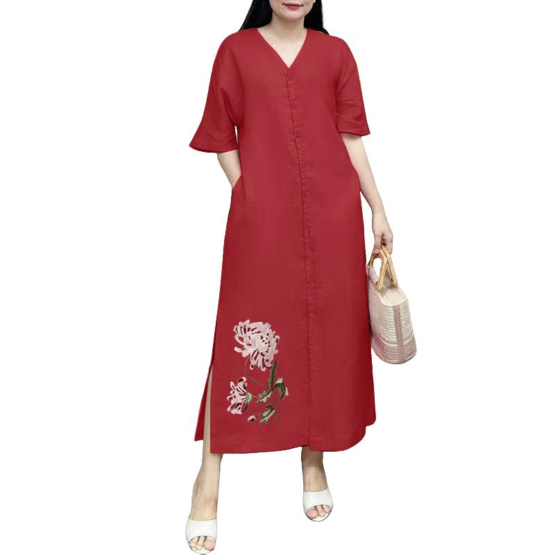 

ZANZEA Женское летнее повседневное платье с V-образным вырезом, рукавом до локтя, свободное, с цветочной вышивкой S красный