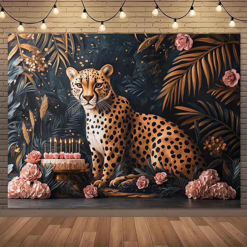 

2D Leopard Birthday Cake Backdrop Dark Jungle Floral Photo Booth Background Banner 47.2x31.5inch/120*80cm