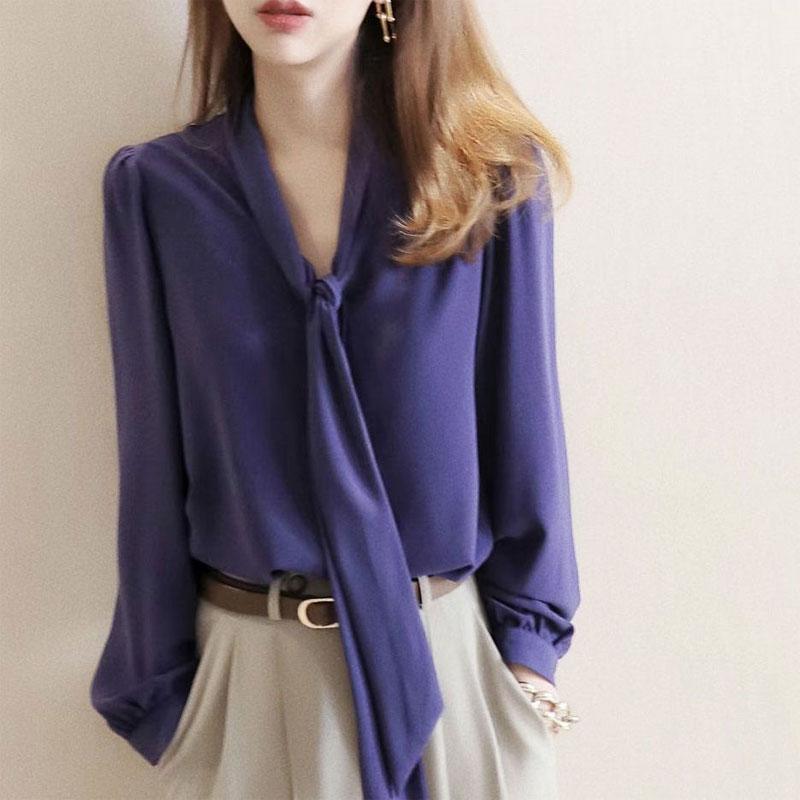 Office Lady Solid Color Shirt Spring Autumn Long Sleeve Stylish Scarf Collar Casual Drawstring Bow Female Single-breasted Blouse