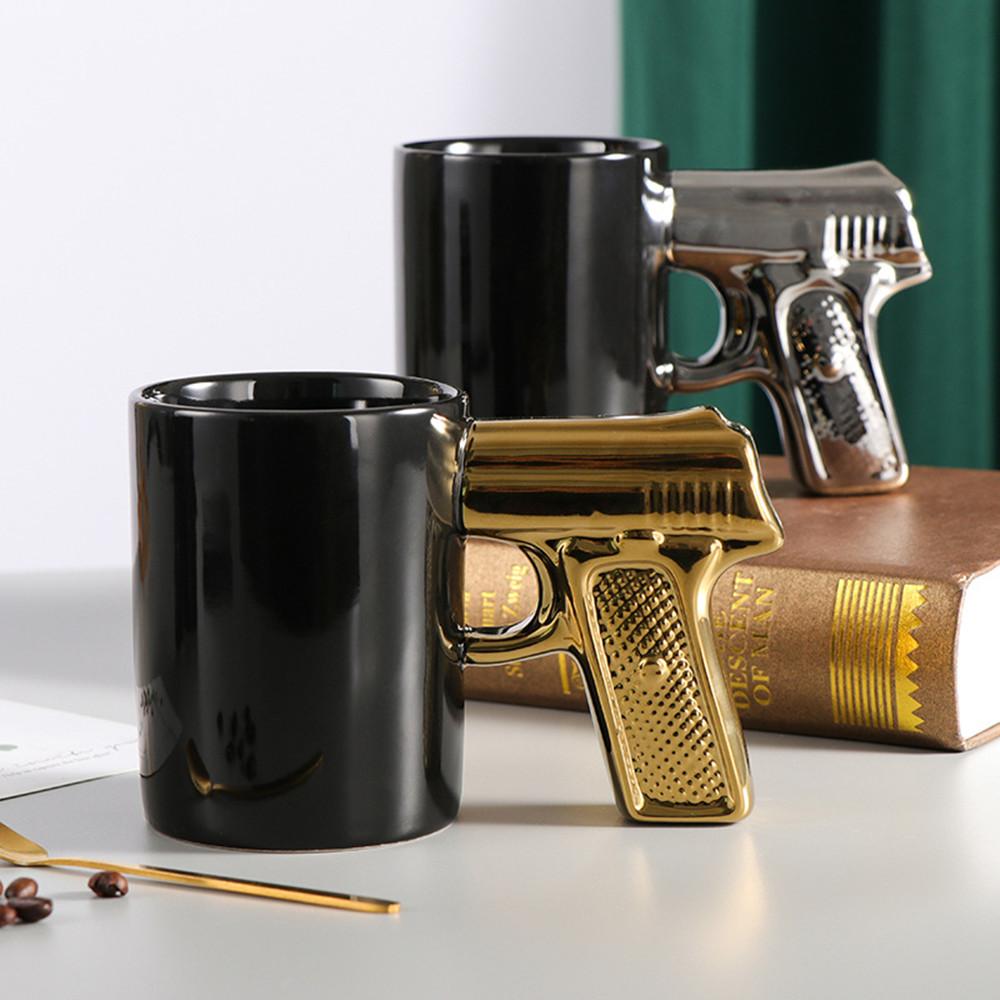 350ML Ceramic Coffee Mug With Gun Handle Funny Porcelian Cup Black Beer Mug Juice Milk Water Drinkware