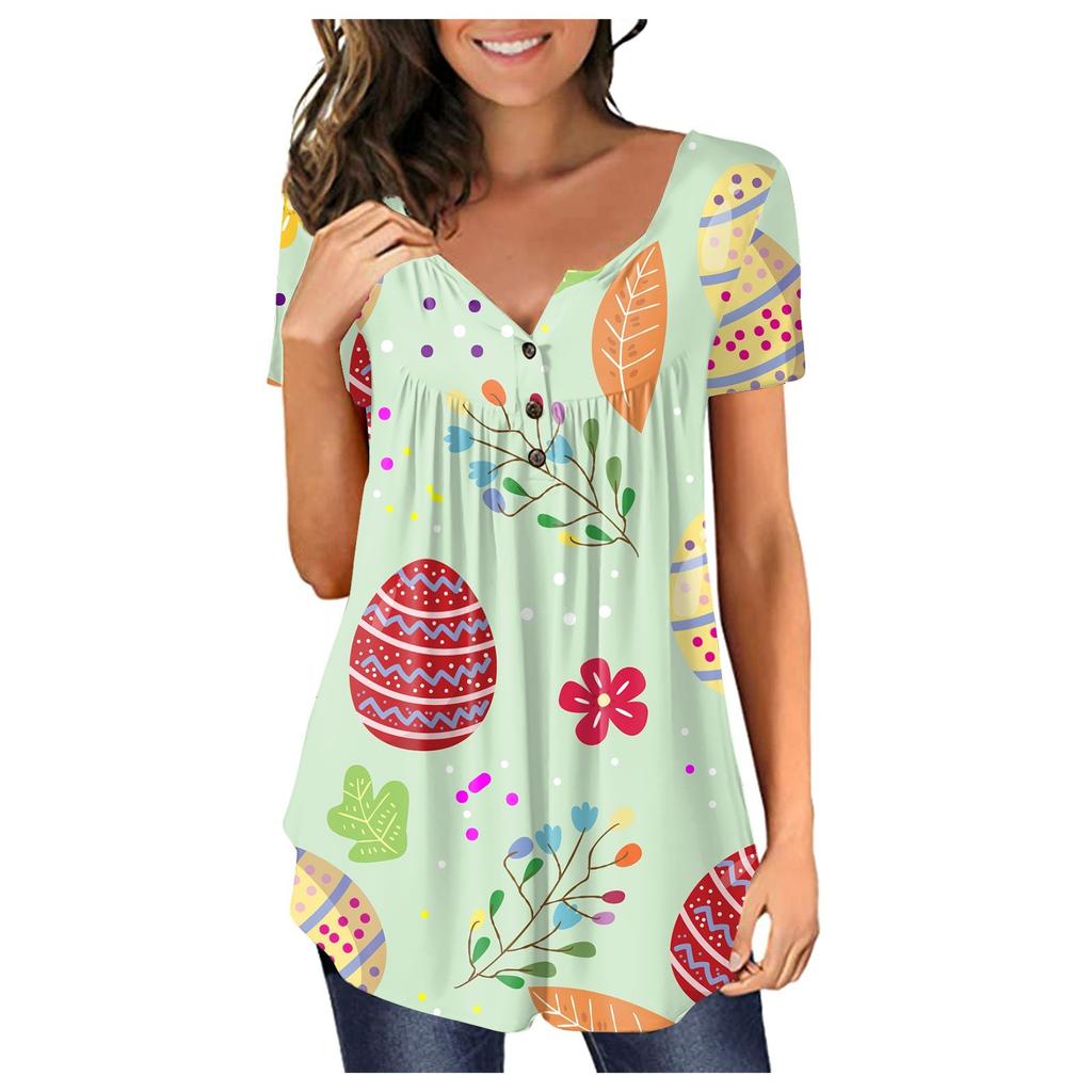 Women's Fashion  Easter  Printed Short Sleeve V-Neck Live Button Top