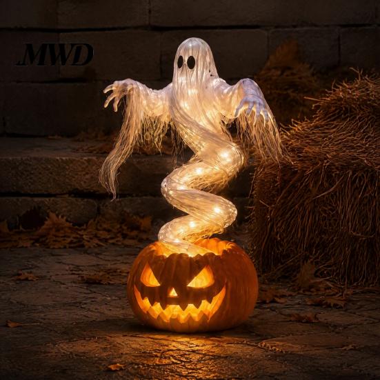 Autumn Yard Decor Halloween Swirling Ghost Pumpkin Lamp, Lighted Spooky Decorative Sculptures Statue, Warm LED Outdoor Decoration for Porch