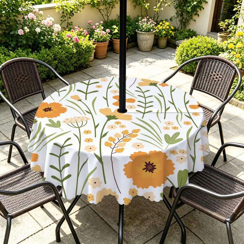 Outdoor Round Tablecloth With Umbrella Hole Waterproof Oil Resistant Floral Leaf Patio Garden Deck