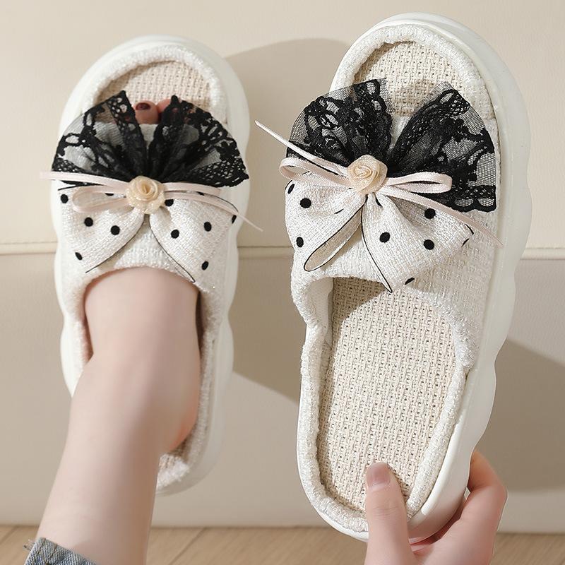 Women's Fashionable Black Bow Slippers with Thick Soles - Comfortable Indoor/outdoor Shoes for All Seasons, Sandals for All Seasons
