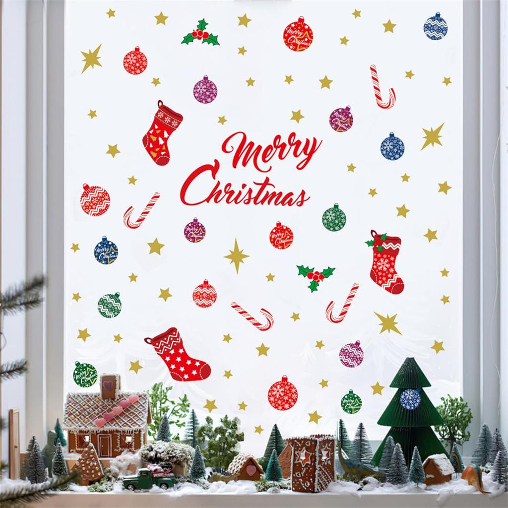 Christmas wall stickers featuring Christmas candy and removable wallpaper for interior Merry Christmas decor for living and balls, canes, socks,